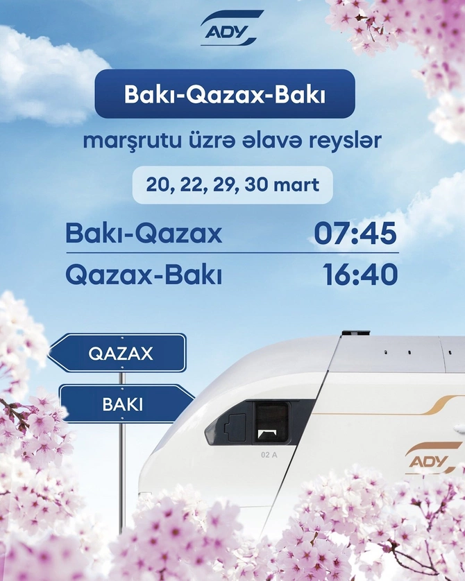 ADY bayram günlərində Bakı-Qazax-Bakı marşrutu üzrə əlavə qatar reysləri təyin edir ADY bayram günlərində Bakı-Qazax-Bakı marşrutu üzrə əlavə qatar reysləri təyin edir