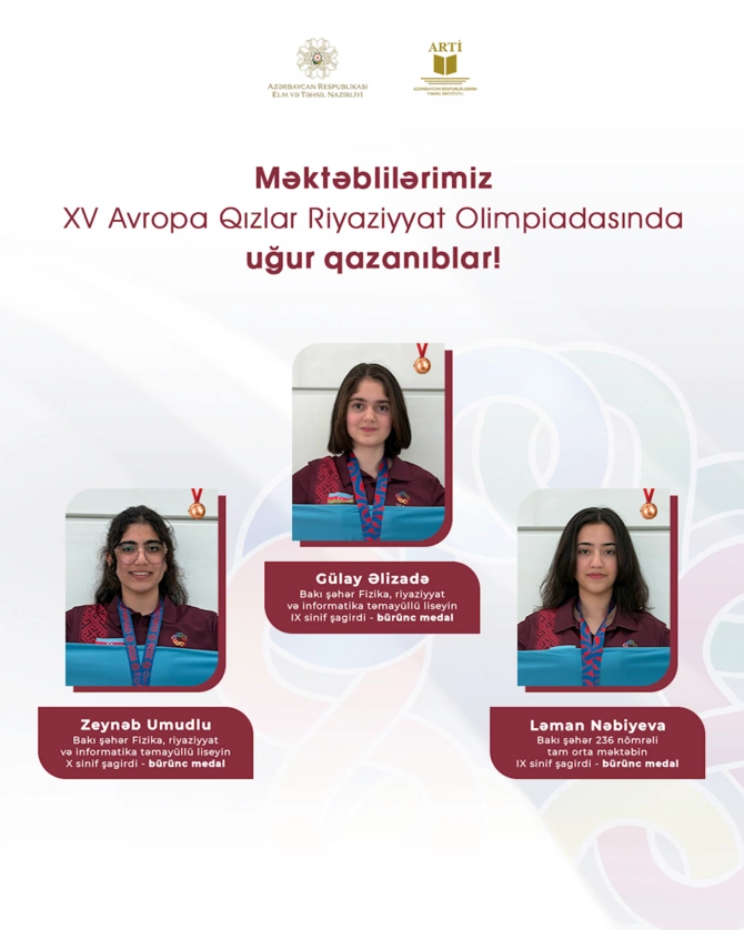 EGMO – Avropa Qızlar Riyaziyyat Olimpiadasının üç bürünc medalı bizim qızlarındır EGMO – Avropa Qızlar Riyaziyyat Olimpiadasının üç bürünc medalı bizim qızlarındır