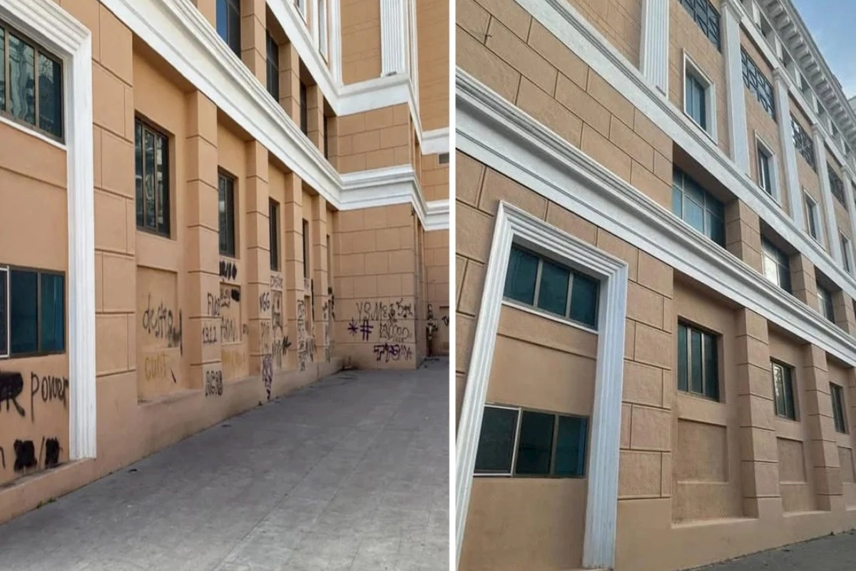 Nizami Kino Mərkəzinin yazılarla korlanmış fasadının ilkin görünüşü bərpa olunub