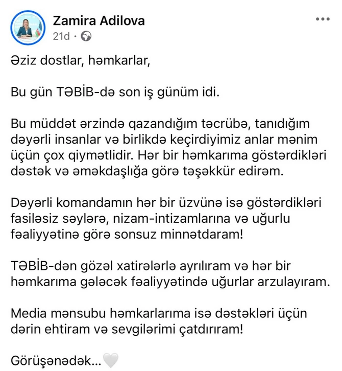 Zamirə Ədilova vəzifəsindən ayrıldı — FOTOLAR Zamirə Ədilova vəzifəsindən ayrıldı — FOTOLAR