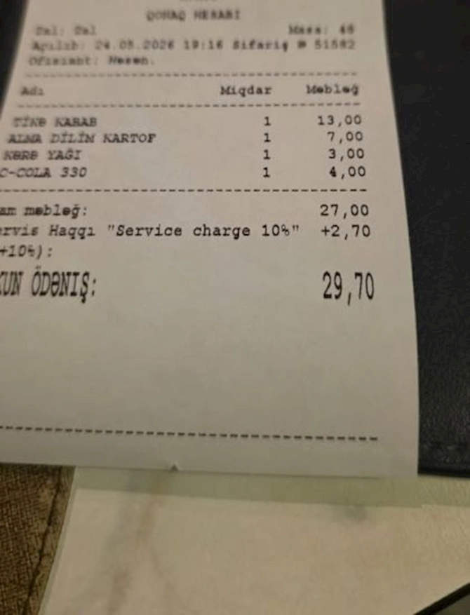 Bakıda restoran kartofu qızartdığı yağın pulunu da hesaba yazdı — FOTO