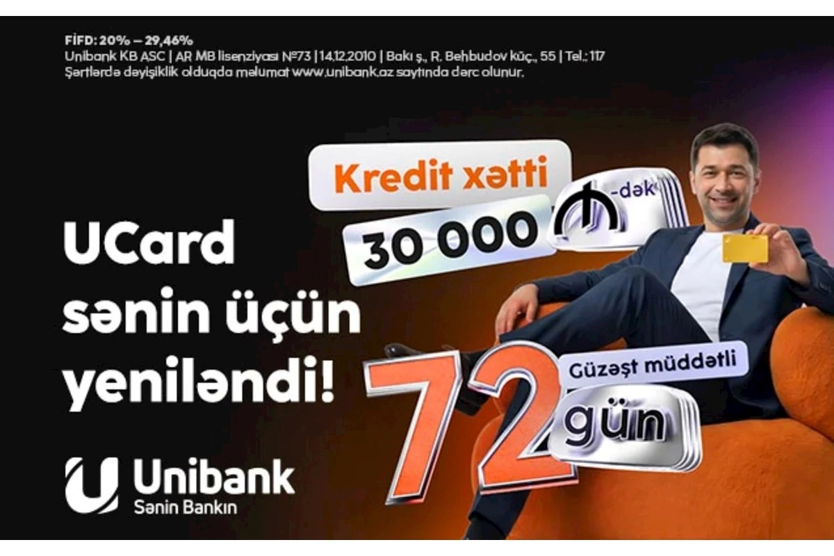 Unibank kredit kartını yenilədi: Kredit xətti 30 min manat, güzəşt müddəti 72 gün