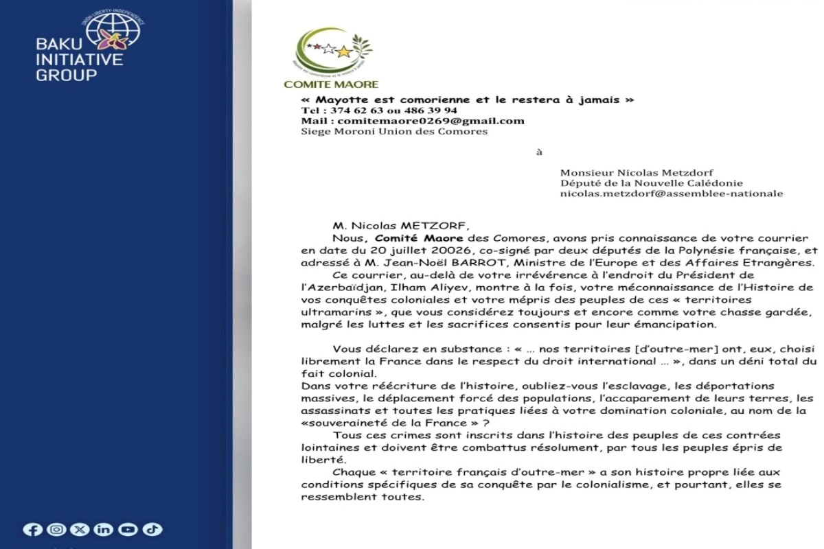 Qəmər Adaları Maore Komitəsi Azərbaycan əleyhinə iş aparan fransalı deputatlara məktub ünvanlayıb