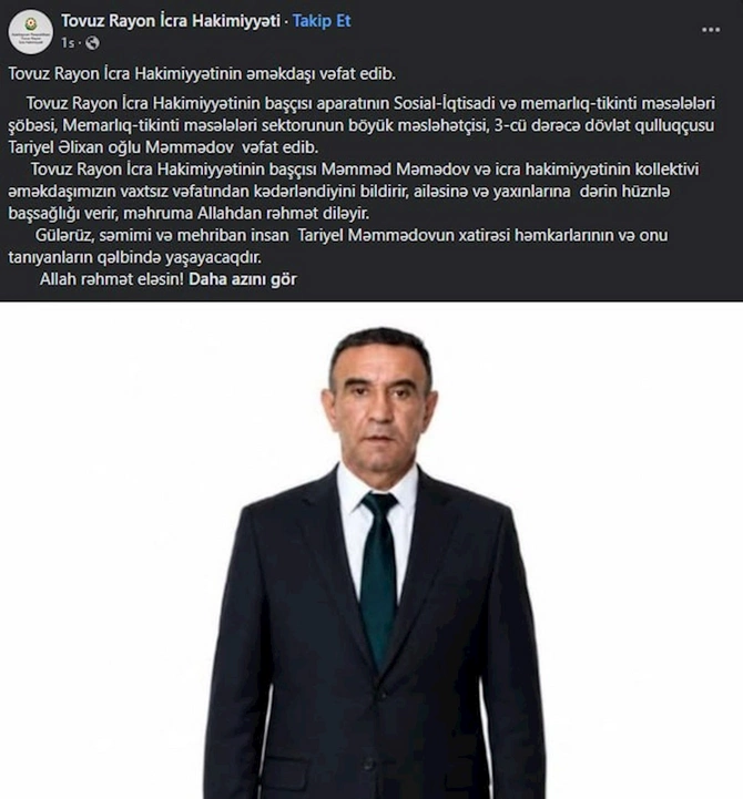 Azərbaycanda vəzifəli şəxs vəfat etdi — FOTO Azərbaycanda vəzifəli şəxs vəfat etdi — FOTO