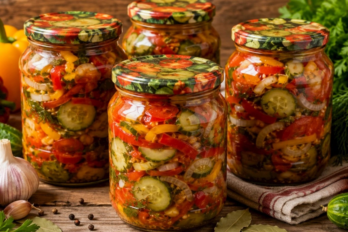 Qış üçün Assorti salatı: Yay tərəvəzlərini bir bankada birləşdirin