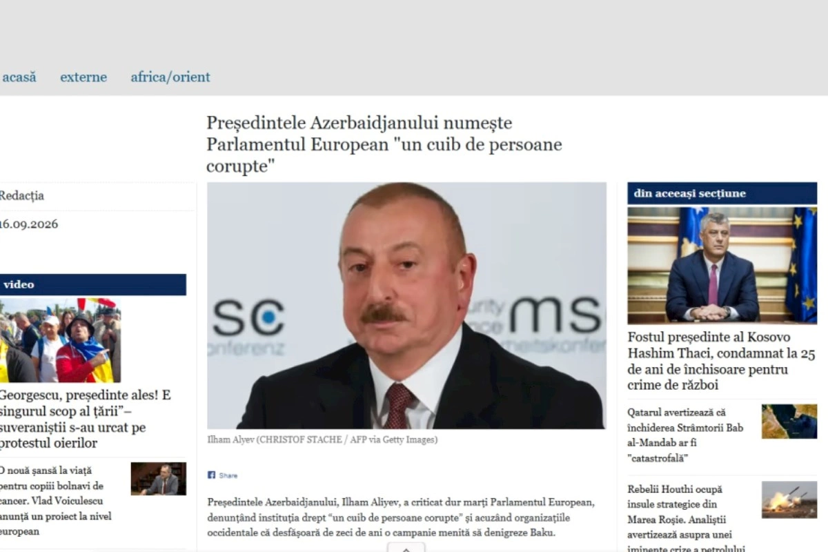 Rumıniya nəşri İlham Əliyevin Avropa Parlamenti barədə fikirlərini dərc edib