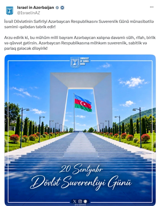 İsrail səfirliyi Azərbaycanı Suverenlik Günü münasibətilə təbrik edib — FOTO